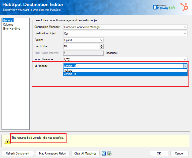KingswaySoft HubSpot Destination component configuration